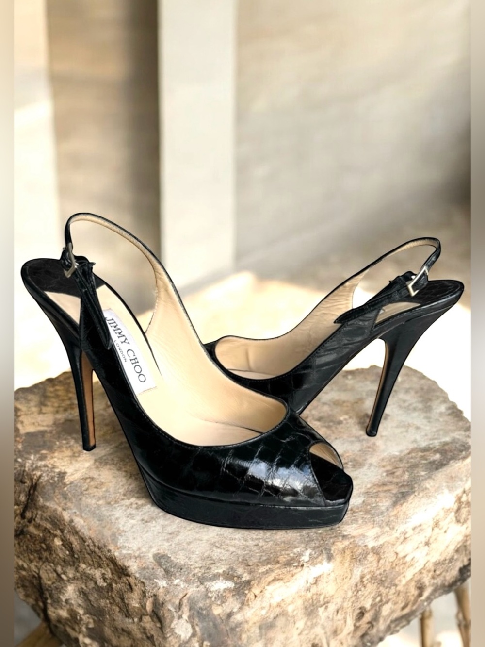Jimmy Choo Black Snake Embossed Platform Slingback Heels